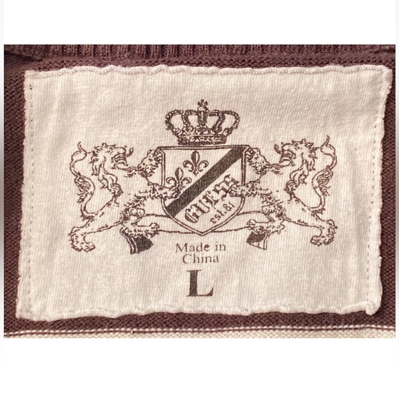 BROWN GUESS USA cream striped Sweater full ZIP up Pockets mock neck mens large L - Picture 4 of 16